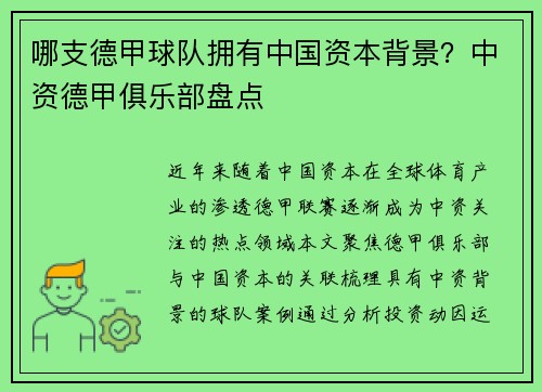 哪支德甲球队拥有中国资本背景？中资德甲俱乐部盘点